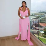 Solid Color Womens Bodycon Midi Dress Backless Halter Neck Ruched Design Elegant Evening Wear OE
