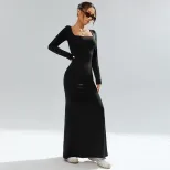 Black Knit Long Sleeve Bodycon Dress Square Neck Sexy Fit Elegant Style Perfect for Parties and