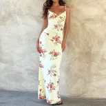 Vintage Floral Print V Neck Maxi Dress Elegant Fit Sleeveless Summer Style Perfect for Beach Vac