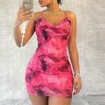 Fashionable Womens Sleeveless Cross Back Bodycon Dress Elegant Print Sexy Neckline Chic Style Pe