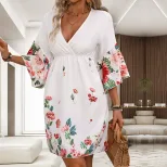 V Neck Floral Print Midi Dress for Women Three Quarter Sleeve Beach Vacation Style