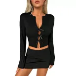 Womens Cropped Tie Front Long Sleeve T Shirt Slim Fit Sweet and Spicy Style Spring Summer Wear W