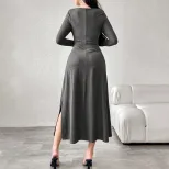 Womens Midi Dress Square Neck Ruched Waist Flattering Fit Spring Summer Fashion Wholesale Availa