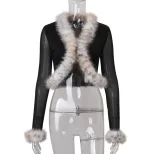Fashionable Womens Cardigan Long Sleeve Sheer Mesh Cropped Design with Fur Collar Autumn Winter