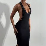 American Style Sleeveless Bodycon Dress High Elasticity Cut Out Back U Neck Slim Fit Solid Color