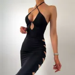 Halter Neck Bodycon Dress Hollow Out Low Cut Slim Fit Elegant Style Perfect for Parties and Nigh