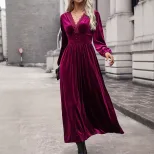 Long Sleeve Velvet Dress for Women Solid Color Elegant Design Autumn Winter Wear
