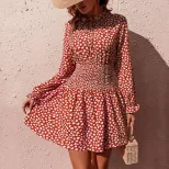 Floral Print Long Sleeve Dress Elastic Waist Casual Style Spring and Autumn Wear Wholesale Avail