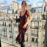 Vintage French Style Sleeveless V Neck Floral Summer Dress Sexy Beachwear for Women Lightweight