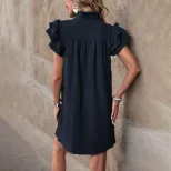 Summer Casual Loose Straight Dress Stand Collar Solid Color Comfortable Fabric Vacation Wear Who