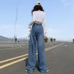 欧洲站2023春秋高腰直筒阔腿工装牛仔裤女百搭显瘦大码宽松直筒裤