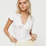 Womens Summer T Shirt Sexy V Neck Bow Tie Detail Short Sleeve French Style Casual Wear Wholesale