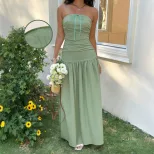 French Style Strapless Maxi Dress Soft Fabric Waist Tie Design Non Slip Strips Summer Vacation W