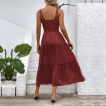 Casual Summer Dress Solid Color Adjustable Straps Waist Tie Design Beach Vacation Essential Whol