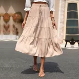 Summer Womens Ruffled Solid Color Midi Skirt Elegant Design Comfortable Fit Versatile for Casual