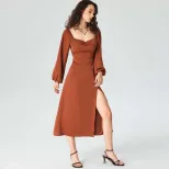 Elegant Midi Dress Square Neck Split Hem Autumn Winter French Style Perfect for Sophisticated Oc