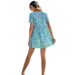 High Waist V Neck Floral Print Puff Sleeve Dress Casual Vacation Style Available in Multiple Siz