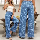 Casual Wide Leg Printed Denim Pants Fashionable Versatile Relaxed Fit Ideal for Everyday Wear Wh