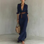 Elegant Womens Autumn Dress Solid Color Irregular Pleats Waist Belt Perfect for Casual or Formal