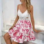 Summer Floral Print Spaghetti Strap Dress Slim Fit Hollow Out Patchwork Design Casual Wear for W
