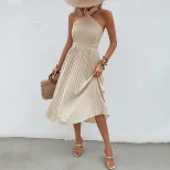 Womens Summer Dress Solid Color Halter Neck Pleated Design Vacation Casual Wear