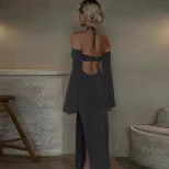 Womens Halter Neck Maxi Dress Sexy Off Shoulder Design Side Slit Lightweight Fabric Spring Summe