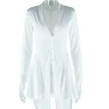 Fashionable Womens Dress Solid Color Pleated Skirt Deep V Neck Long Sleeve Casual or Evening Wea