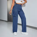 Loose Fit Wide Leg Denim Trousers for Women Large Pockets Casual Style Comfortable Fabric Availa