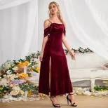 Velvet Long Dress Off Shoulder High Slit Elegant Versatile Evening Wear for Women Wholesale Avai