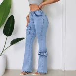 High Waisted Flared Jeans Stretch Denim Washed Finish Comfortable Fit Casual Wear for Women Whol