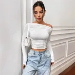 Slim Fit Asymmetrical Long Sleeve Womens T Shirt Versatile Design Pleated Detail Spring Summer S