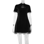 Lace Trim Short Sleeve A Line Dress Solid Color Hollow Out Bust Waist Cinching Casual Summer Wea