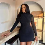 Long Sleeve Round Neck Bodycon Dress Solid Color Slim Fit Sexy Style Winter Fashion for Women Wh