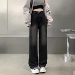 速卖通牛仔裤女2023春季新款韩版复古高腰设计感宽松垂感阔腿直裤
