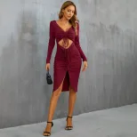 Womens Bodycon Dress Sexy Hollow Out Drawstring Waist Split Hem Elegant Evening Wear OEM Availab