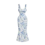 Summer Womens Bodycon Dress Blue and White Porcelain Print Backless Strapless Mermaid Hem Perfec