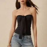 Off Shoulder Crop Top Sexy Design Bow Detail Sleeveless Youthful Style Perfect for Casual Wear W