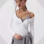 Modal Knit Long Sleeve Womens T Shirt Slim Fit U Neck Button Detail Casual Wear Spring Fall Whol