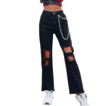 Womens Casual Ripped Denim Pants Trendy Chain Detail Stylish Fit Comfortable Fabric Perfect for