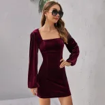 Velvet A Line Dress for Women Long Sleeve Square Neck Backless Slim Fit Short Length Perfect for
