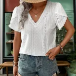 Casual Lace Trim V Neck Blouse Elegant Hollow Out Design Stylish Everyday Wear Wholesale Availab