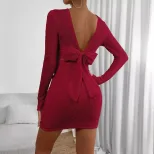 Red Bodycon Dress for Women High Waist Slim Fit Backless Round Neck Spring Summer Fashion Wholes