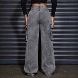 Womens High Waisted Denim Trousers Pocket Design Trendy Street Style Casual Wear Wholesale Avail