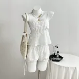 Womens Summer Sweetheart Lace Camisole and Floral Pants Set in White Casual Fit