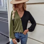 Womens Color Block Long Sleeve T Shirt Loose Fit Pocket Design Casual Style Perfect for Everyday