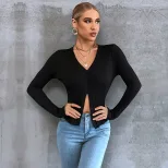 Womens Long Sleeve Cropped T Shirt Slim Fit Split Hem Elegant Style Perfect for Spring Summer Of
