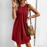 Summer A Line Dress Wrinkled Fabric Casual Style Solid Color Perfect for Everyday Wear Wholesale