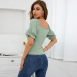 V Neck Puff Sleeve Knit Top Slim Fit Waist Cinching Elegant Style Perfect for Office Wear Wholes