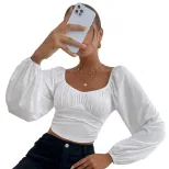 Casual Womens T Shirt Long Sleeve Waist Defined Short Crop Spring Summer Fashion for Parties and