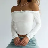 Off Shoulder T Shirt Sexy Slim Fit Short Length Spring Summer Style Womens Casual Wear Wholesale